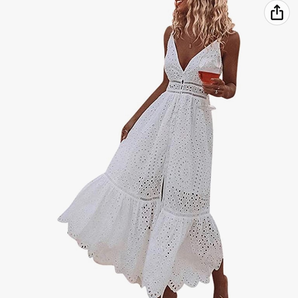 Women's Embroidery Pearl Button Down Dress V Neck Spaghetti Strap Maxi Dress